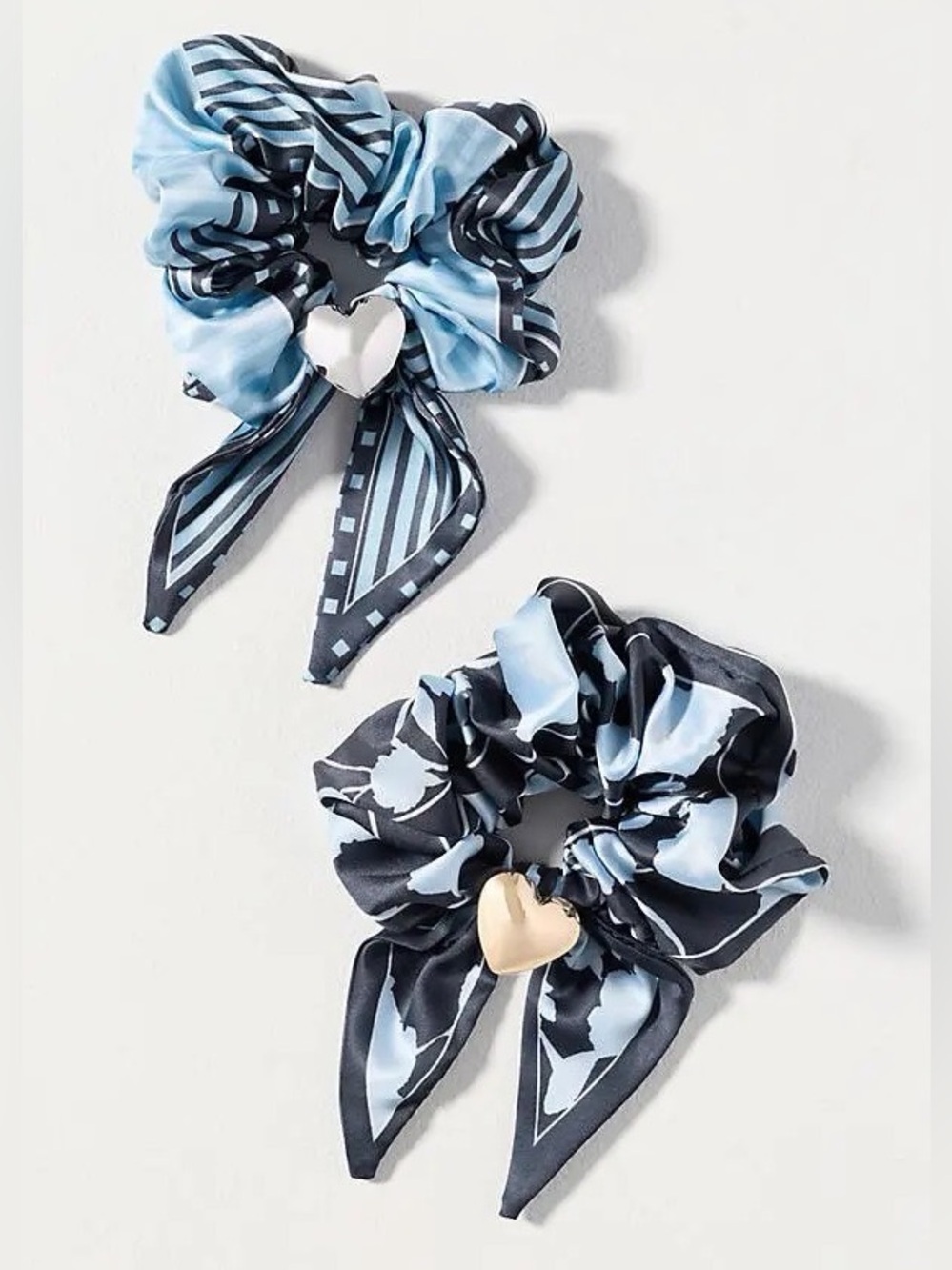 NWT Anthropologie Scarf Hair Scrunchie with Heart Charm, Set of 2, Blue